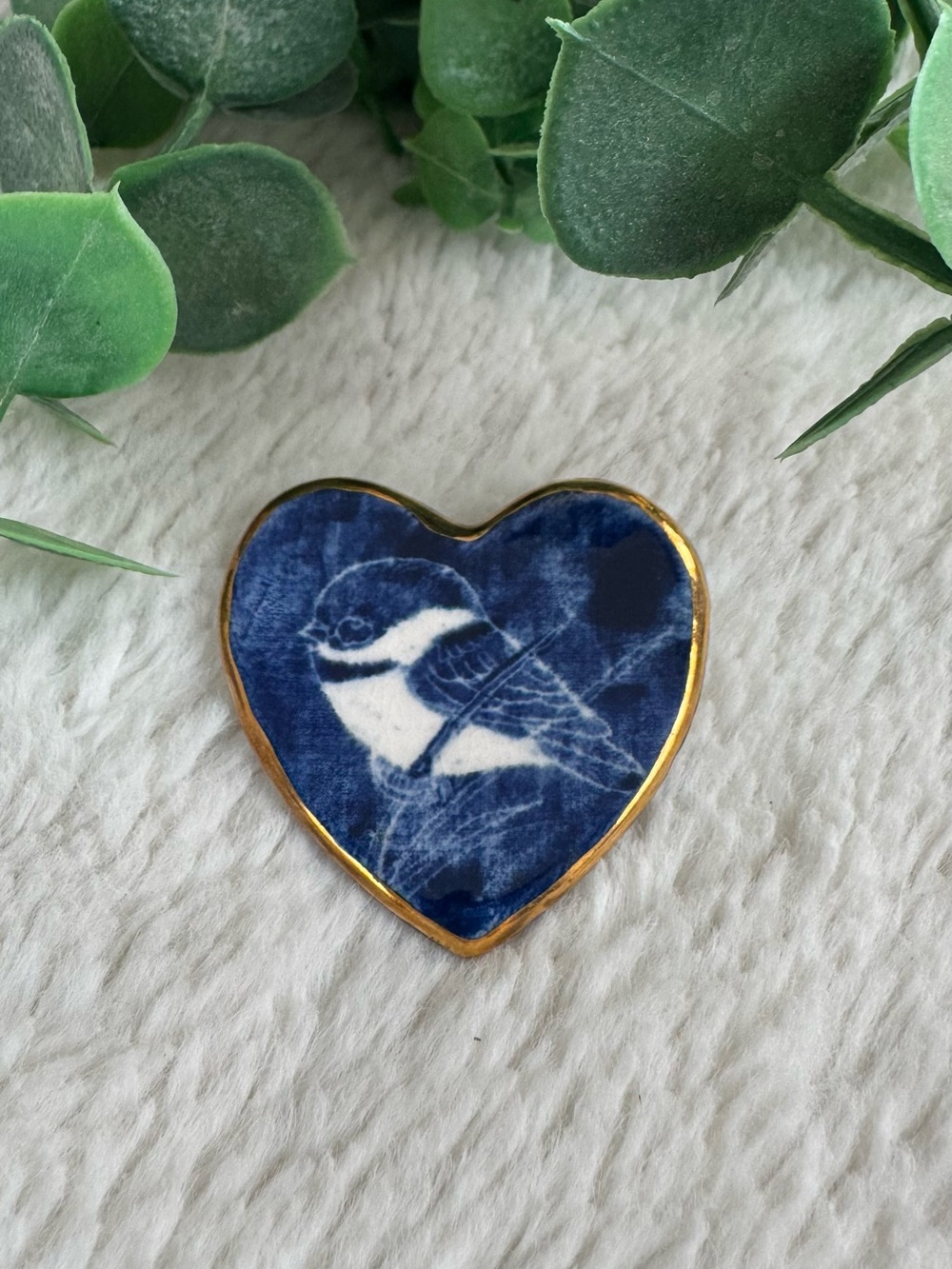 Heart Shaped Blue Bird Ceramic Brooch with Gold Trim - handmade vintage